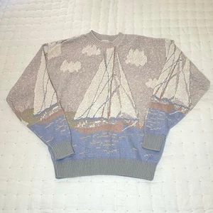 Vintage 90s Waterfront Workshop 3D Pullover Herren L | Pastell Segelboot Strick - Bild 1 von 11