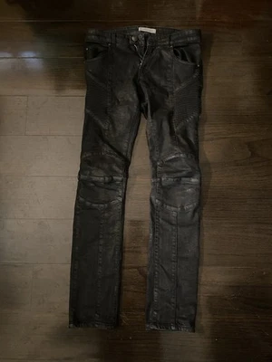 Balmain Paris Black Waxed Denim Biker Skinny Fit Ribbed Jeans - Image 1 of 4