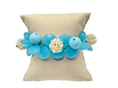 Bold Blue Flower Beaded Bracelet Statement Faux Pearl Cluster Petals - Image 1 of 4