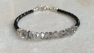 Black Spinel+White Herkimer Diamond Quartz Gemstone Beads Unisex Bracelet 7" - Picture 1 of 8