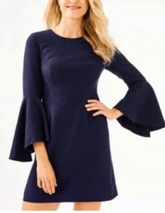 Lilly Pulitzer Kayla Stretch Dress True Navy Fern Pucker - Picture 1 of 5