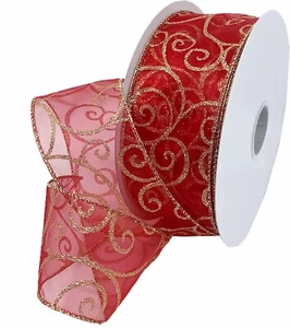 Gold Sparkle Swirl Sheer Red 2.5" Wide Wired Ribbon Morex 50 yd christmas valent - Picture 1 of 1