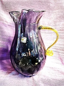 BLENKO 11 1/2”x 6 1/2“ Hand Blown Glass Pitcher Purple Amethyst Amber Handle 938 - Picture 1 of 9