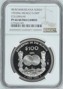 MEXICO $100 Pesos 1992 Silver NGC PF66 UC Ibero-America Columnar - Picture 1 of 6