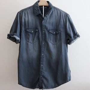 Calvin Klein Jeans Camicia Uomo M Manica Corta Grigio Denim Snap Tab Utility Y2K - Foto 1 di 14