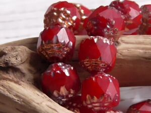 10 - 8mm CZECH GLASS OPAQUE RED FACETED CATHEDRAL BEADS METALLIC COPPER ENDS