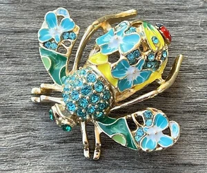 Crystal Rhinestone Bee Flower Brooch Pin Insect Enamel Aqua Blue Green Vintage - Picture 1 of 18