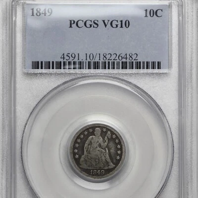 Moneda de diez centavos Liberty Seated Philadelphia 1849 10c graduación profesional muy buena condición 10 Foto 1 de 4