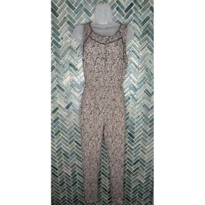 LUCKY BRAND CREAM NAVY BLUE DITSY FLORAL LONG SKINNY LEG ROMPER JUMPSUIT BOHO S - Picture 1 of 11