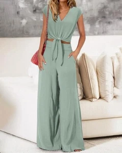Womens 2 Piece Outfits Cap Sleeve V Neck Belted Crop Tops Wide Leg Pant Sets - Picture 1 of 13
