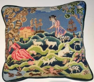 Needlepoint Renaissance 1700's Sheep Herder Scene Farmhouse Country French 14" - Picture 1 of 8