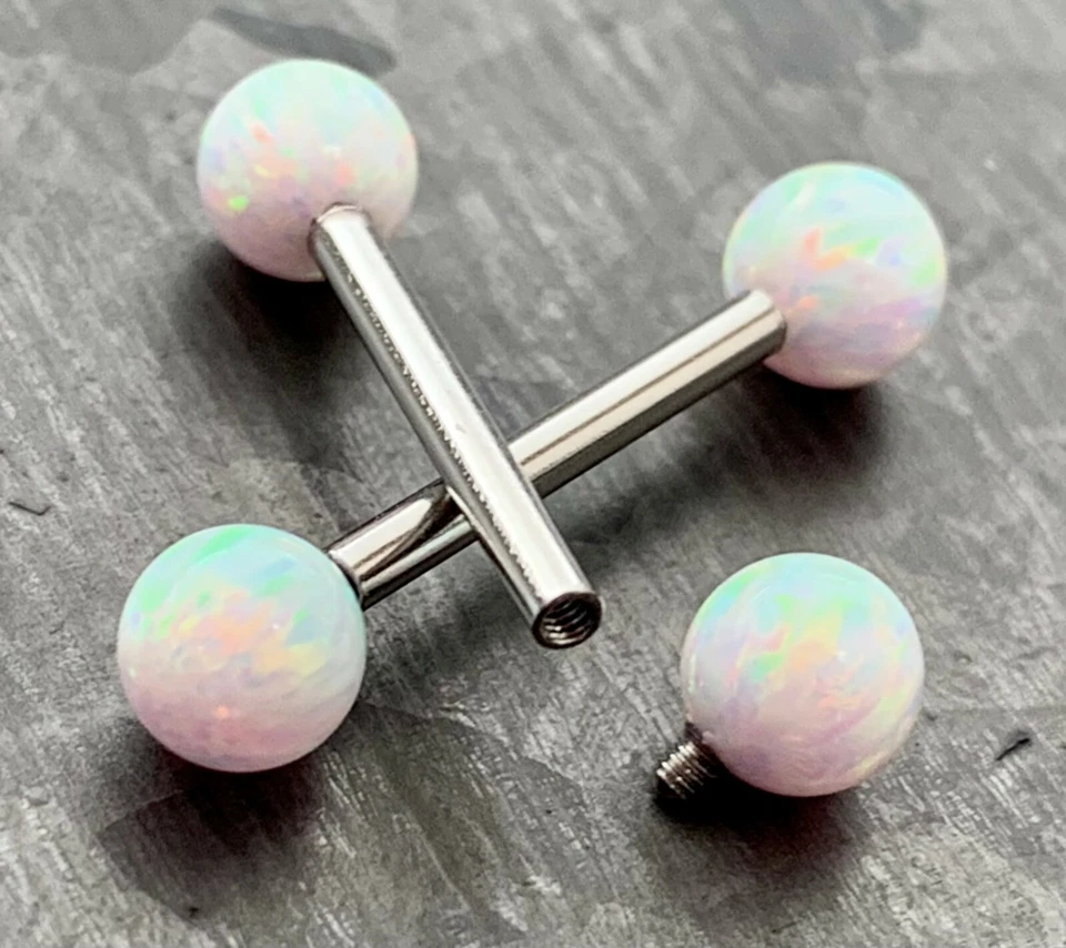 PAIR Internally Threaded 5mm Opal Balls Nipple Rings 9/16" Steel Barbells - Image 1 of 4