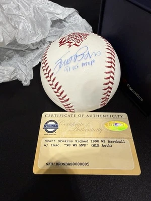Auténtico béisbol de la Serie Mundial de 1998 firmado por Scott Brosius "'98 WS MVP" Steiner y MLB Foto 1 de 4