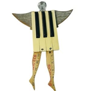 Artisan Angel Wall Hanging Art Upcycled Mixed Materials Piano Keys Yardstick - Picture 1 of 5