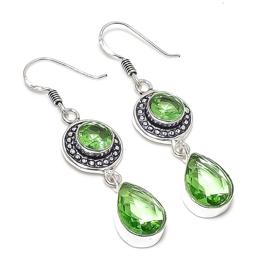Green Amethyst Gemstone Handmade 925 Sterling Silver Jewelry Earring Size 2" - Image 1 of 1