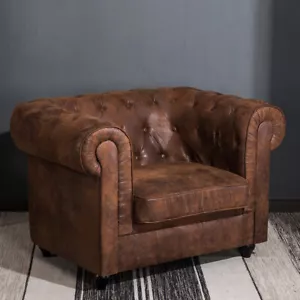 Chesterfield Distressed Tan Leather Tub Sofa Armchair Queen Anne Fireside Chair - Picture 1 of 8