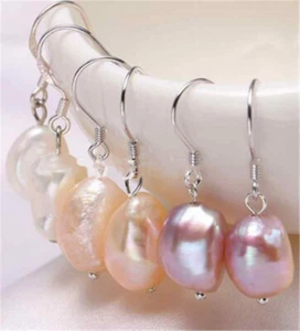 3 Pairs 10-11mm Baroque Natural Freshwater Pearl 925 Silver Hook Dangle Earrings - Picture 1 of 12