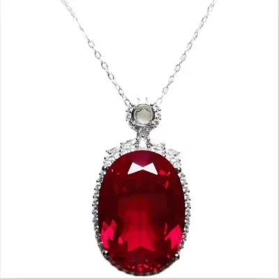Top Oval Pigeon Blood Red Ruby Necklace Lab-Created Sterling Silver Ruby Pendant - Image 1 of 4