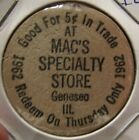 Vintage Mac's Specialty Store Geneseo, IL Wooden Nickel - Token Illinois