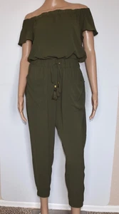 NWOT Michael Kors Olive Green Off The Shoulder Elastic Waist Jumpsuit Size M - Picture 1 of 8