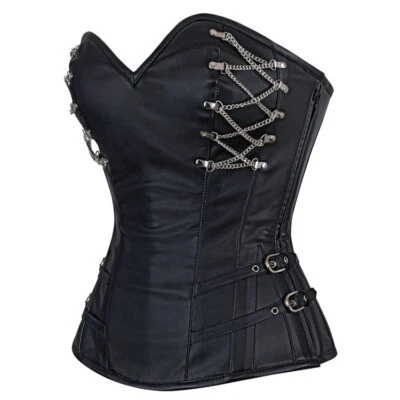 Corsé bustier medieval de cuero sintético para dama cadena steampunk de acero deshuesado con cordones Foto 1 de 4