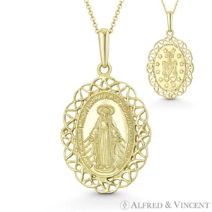 Holy Mother Mary Miraculous Medal Marian Cross 14k Yellow Gold 29mmx16mm Pendant - Picture 1 of 3