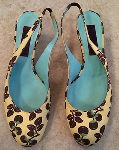 KENZO Yellow Brown Teal Floral Fabric Sling Backs Leather Low Heels 37.5 ITALY - Picture 1 of 1