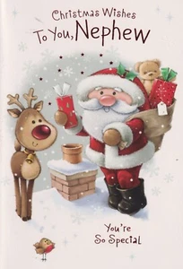 NEPHEW CHRISTMAS GREETING CARD 7"X5" CUTE SANTA WITH REINDEER - Picture 1 of 2