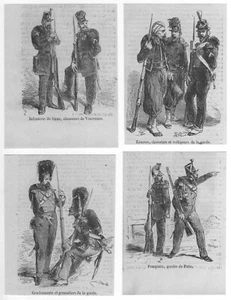 4 Stampe Divise Militari Fanteria Zuavi Cacciatori Granatieri Xilografia 1857 - Picture 1 of 1