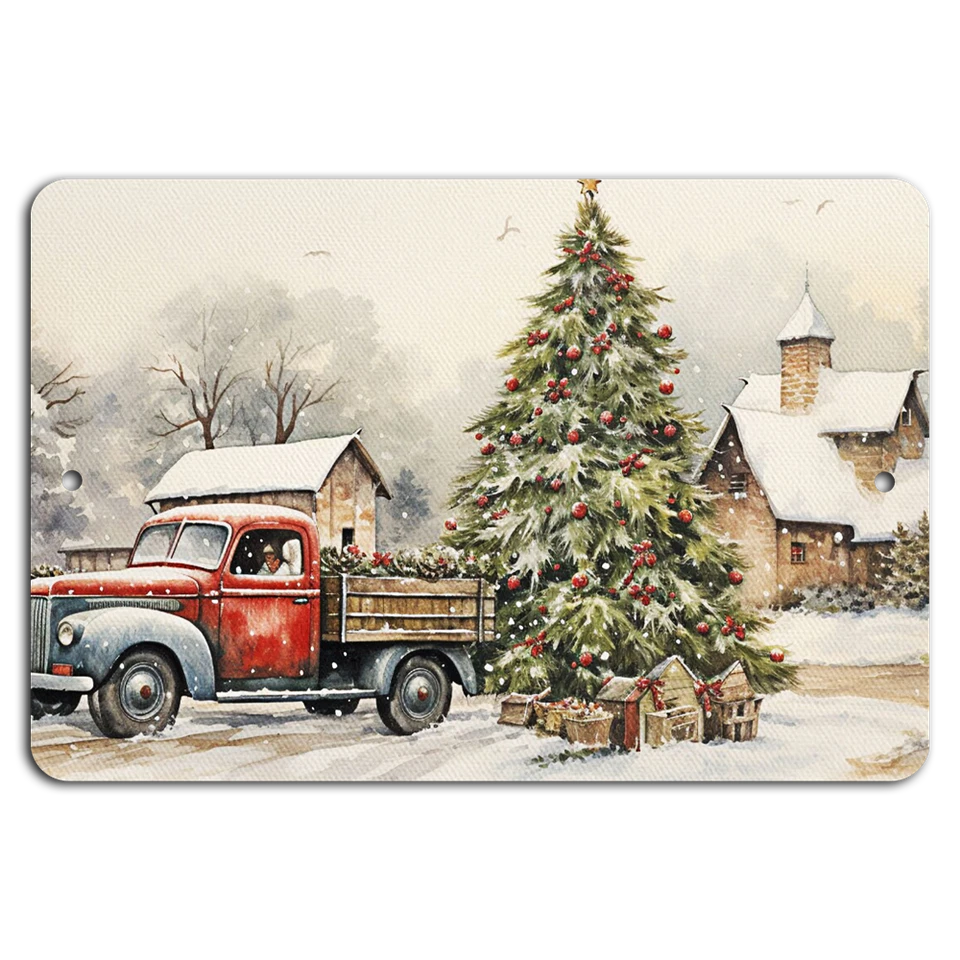 Camión rojo vintage: magia navideña de granja sobre lona nevada rústica Foto 1 de 1