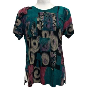 Amanda Vintage 80s Black & Multicolor Jewel Tone Swirl Printed Blouse sz M? - Picture 1 of 9