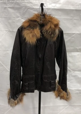 Chaqueta para mujer Vera Pelle de cuero marrón oscuro con cuello de piel talla XL prendas exteriores Foto 1 de 4