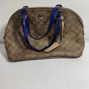 Coach Rowan Satchel Bag Brown With Blue Straps & Accents - Picture 1 of 6