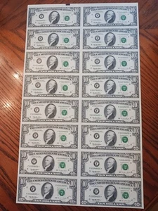 1995 $10 UNCUT SHEET OF 16 US TEN DOLLAR BILLS - ATLANTA STAR NOTES LOW PRINTING - Picture 1 of 4