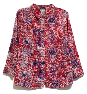Catherines Red White & Blue Geometric Print Button-Up Shirt, size 2X - Picture 1 of 3