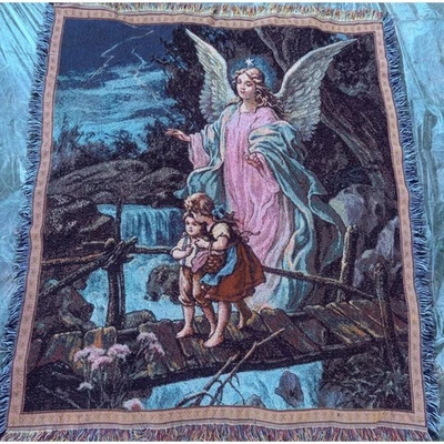 Manta tapiz tejida vintage Angel Guardian niños decoración del hogar 54x44 Foto 1 de 4