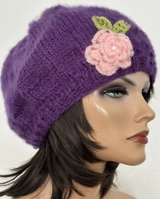 Tejido a Mano 2 Love Slouch Sombrero Gorro Flor Púrpura Mohair Estilo Diseñador Elegante Foto 1 de 4