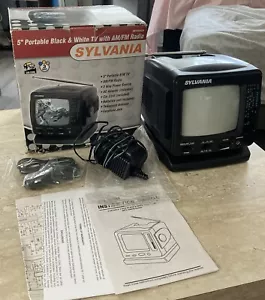 SYLVANIA 5" Portable Black & White TV AM/FM Radio with 3 Way Power Source - Picture 1 of 10