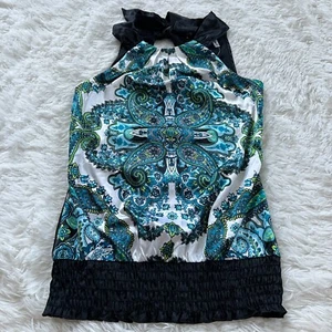 Studio Y Womens Top Small Halter Bow Neck Whimsigoth Satin Retro Smocked 14159 - Picture 1 of 9