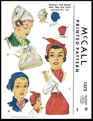 McCall 1573 PATTERN Hat Cap Scarf Bag Purse Felt & Jersey 1940s - Image 1 of 4