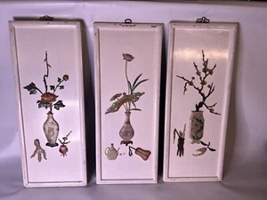 3 ANTIQUE Oriental ASIAN Wooden PANELS WHITE Lacquer JADE  Flower - Picture 1 of 15