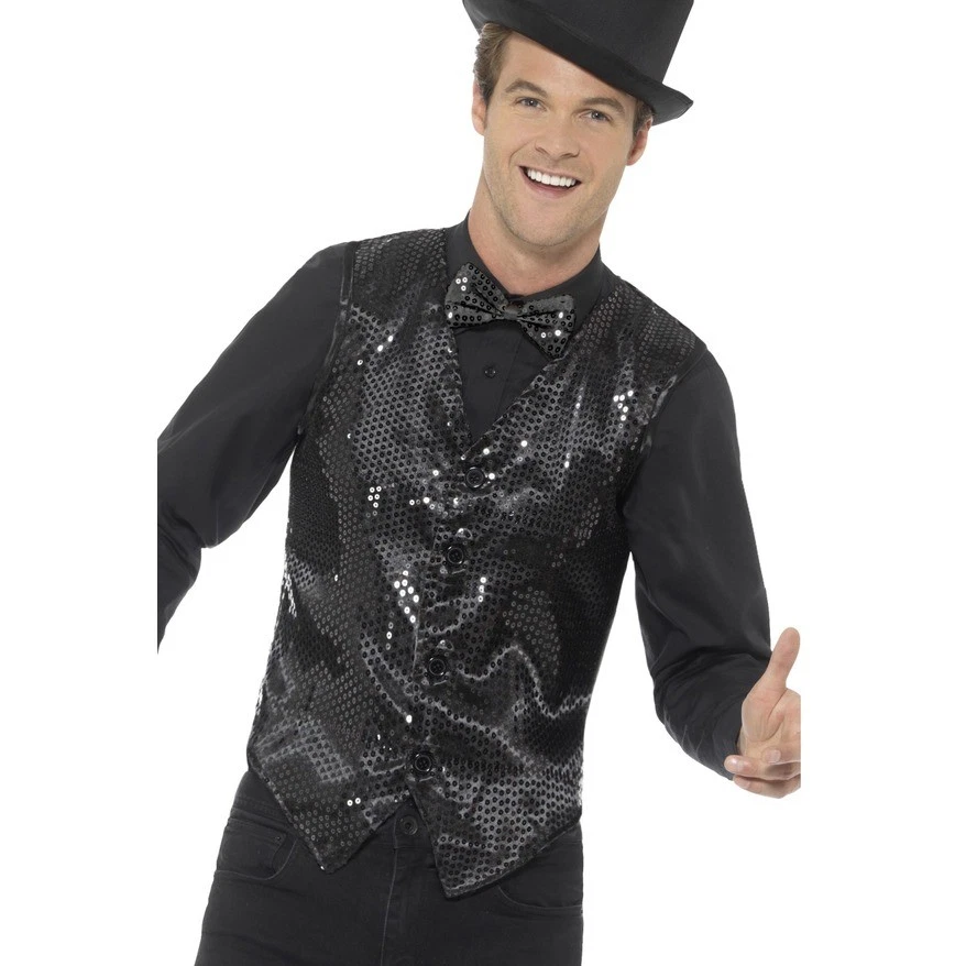 ADULTO HOMBRE LENTEJUELAS CHALECO SHOWBIZ BAILE DISFRAZ CHALECO DISCO FIEBRE CASINO Foto 1 de 1