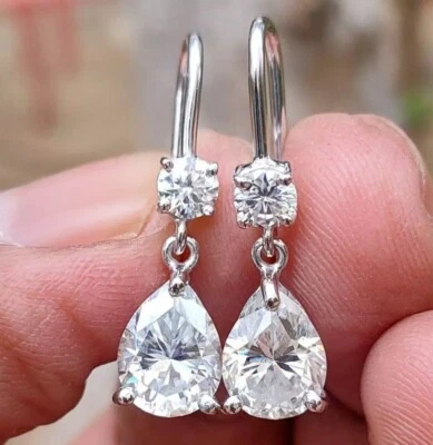 4 Ct Treated Certified Off White Diamond Solitaire Dangler Earrings, 925 Silver - Image 1 of 4