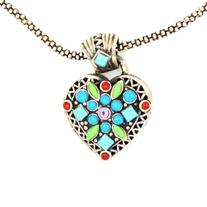 Vtg Sterling Silver Heart Pendant Necklace with Turquoise, Coral, & Amethyst - Picture 1 of 12