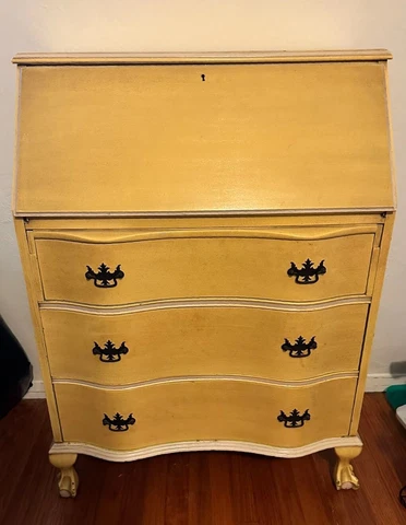 Fold Top Yellow Mahogany Desk - Vintage Secretary Desk - 3 Drawers Cover