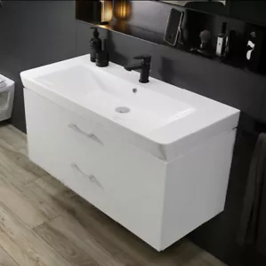 Badmöbel Waschbecken Keramik 100 cm Waschtisch Unterschrank Schublade weiß LM - Bild 1 von 8