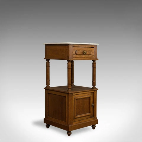 Antique Bedside Cabinet, French, Oak, Marble, Nightstand, Circa 1930 Cover