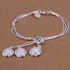 Fashion 925Sterling Solid Silver Jewelry 3Chain Flower Bracelet For Women H291