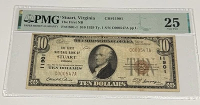 1929 $10 STUART, VA (Ch #11901) PMG VF25 National Bank Note Currency Low Serial - Image 1 of 2