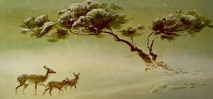 VTG Christmas Card FRONT ONLY Deer Family Of 3 Snowy Tree Mica - Picture 1 of 3